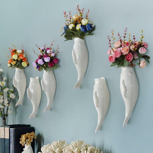 WebBased Simple Modern Creative Wall Ceramic Goldfish Vase Restaurant Mural Wall Hanging Three-Dimensional Wall Decoration Wholesale