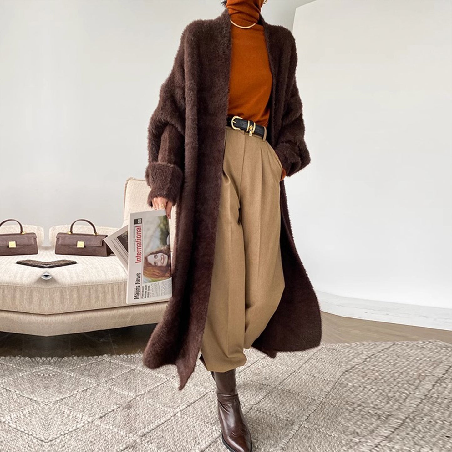 Web Based Soft Long Cardigan Coat, Trendy Leisure Warm Sweater, Basic Cozy Soft Daily Outfit, Office Wear Sweater, Cozy Knitted Retro Outfit