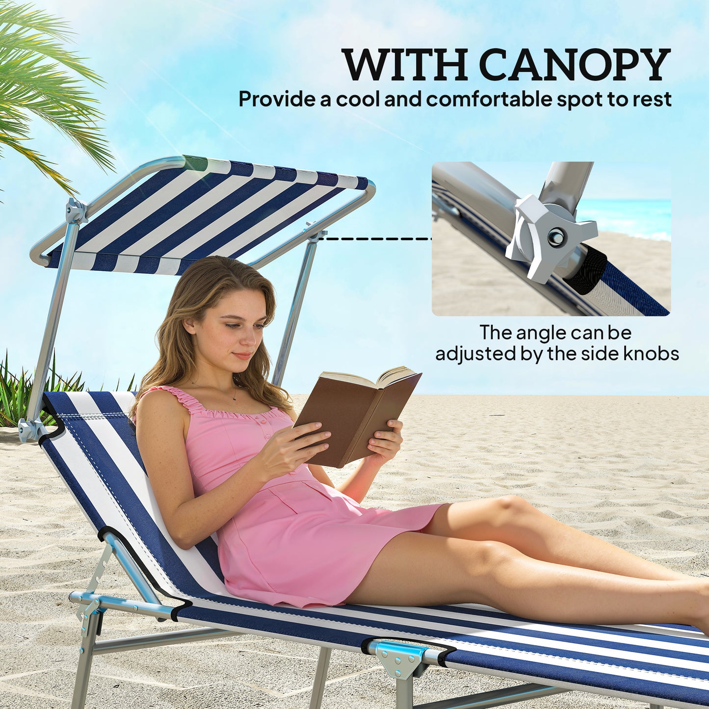 Web Based Outdoor Pool Chaise Lounge Chair, Folding Tanning Chair with Sun Shade, Blue and White