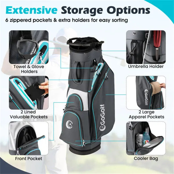 Web Based 14-Way Golf Cart Bag - 6 Zippered Pockets+Cooler Pocket, Waterproof Zippers, Gray+Blue