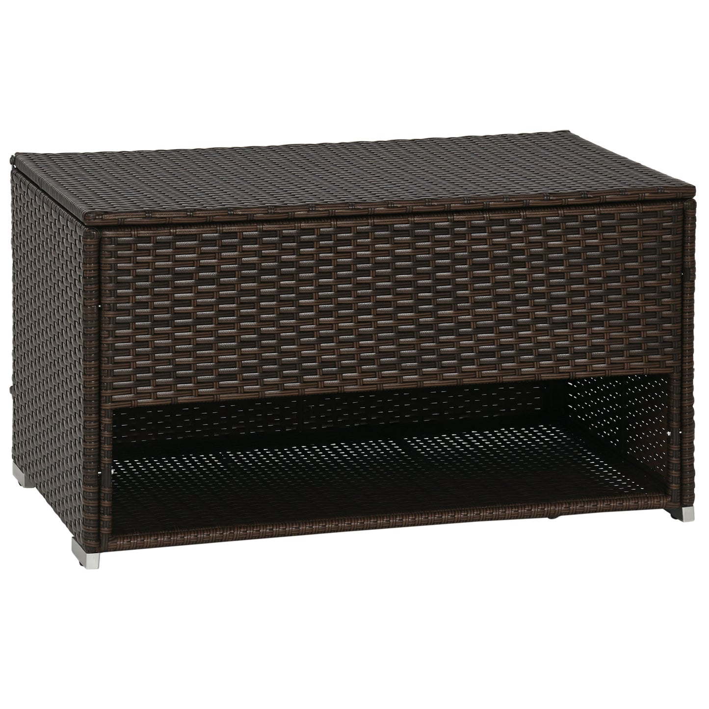 Web Based Outdoor Deck Box & Shoe Storage, PE Rattan Wicker Towel Rack with Liner for Indoor, Outdoor, Patio Furniture Cushions, Pool, Garden Tools, Brown