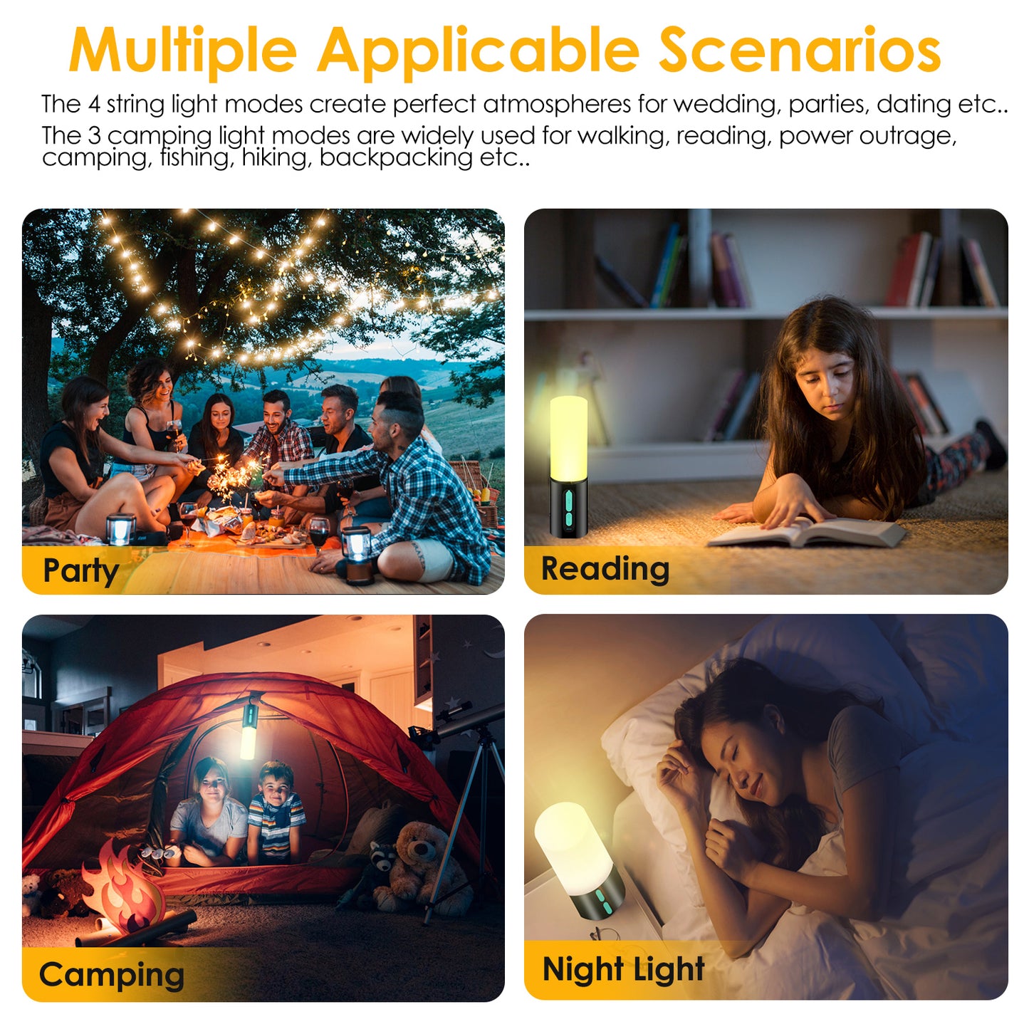 Web Based Rechargeable Camping String Light IP44 Waterproof Camping Lantern With 33Ft String Light 7 Light Modes Emergency Power Bank Carry Bag For Indoor Outdoor Wedding Party