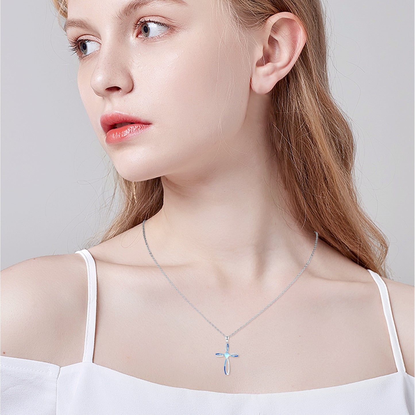 Web Based Moonstone Cross Pendant Necklace in 925 Sterling Silver