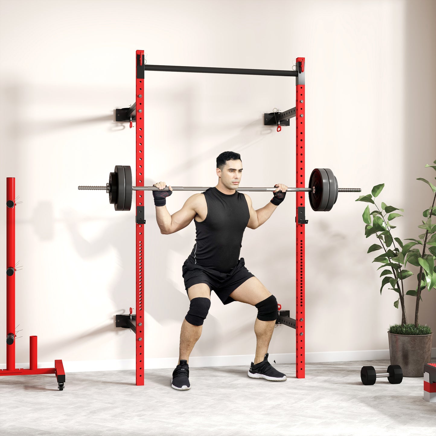 Web Based Folding Squat Rack with Pull Up Bar, Wall Mounted and Adjustable, 1000 Pounds Capacity Power Rack, Red