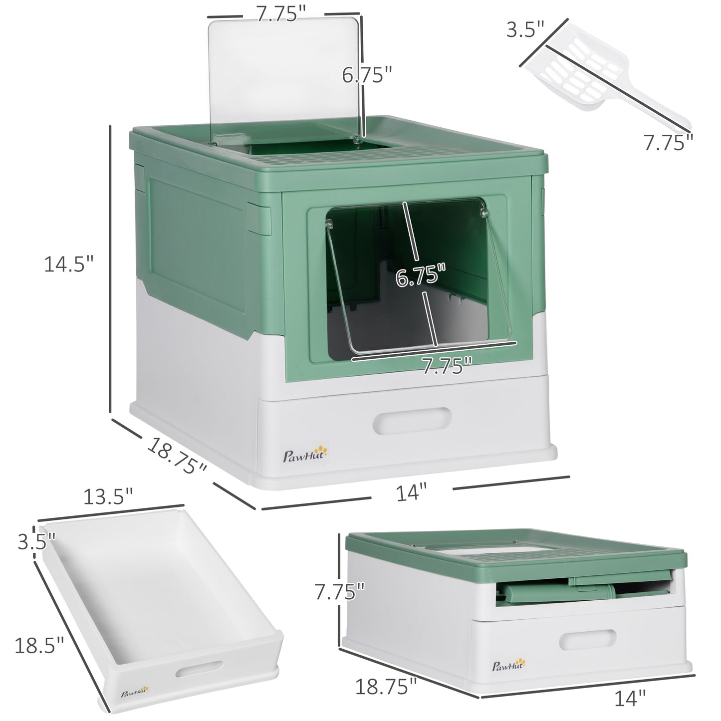 Web Based Fully Enclosed Cat Litter Box with Front Entry and Top Exit, Plastic, Green & White