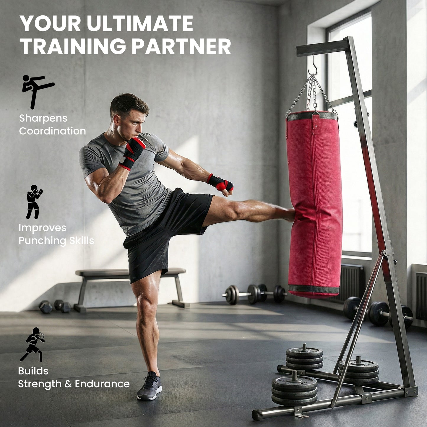 Web Based Punching Bag with Stand for Adults, 72.8"-90.9" Height Adjustable Freestanding Boxing Stand with Canvas Sandbag, Red