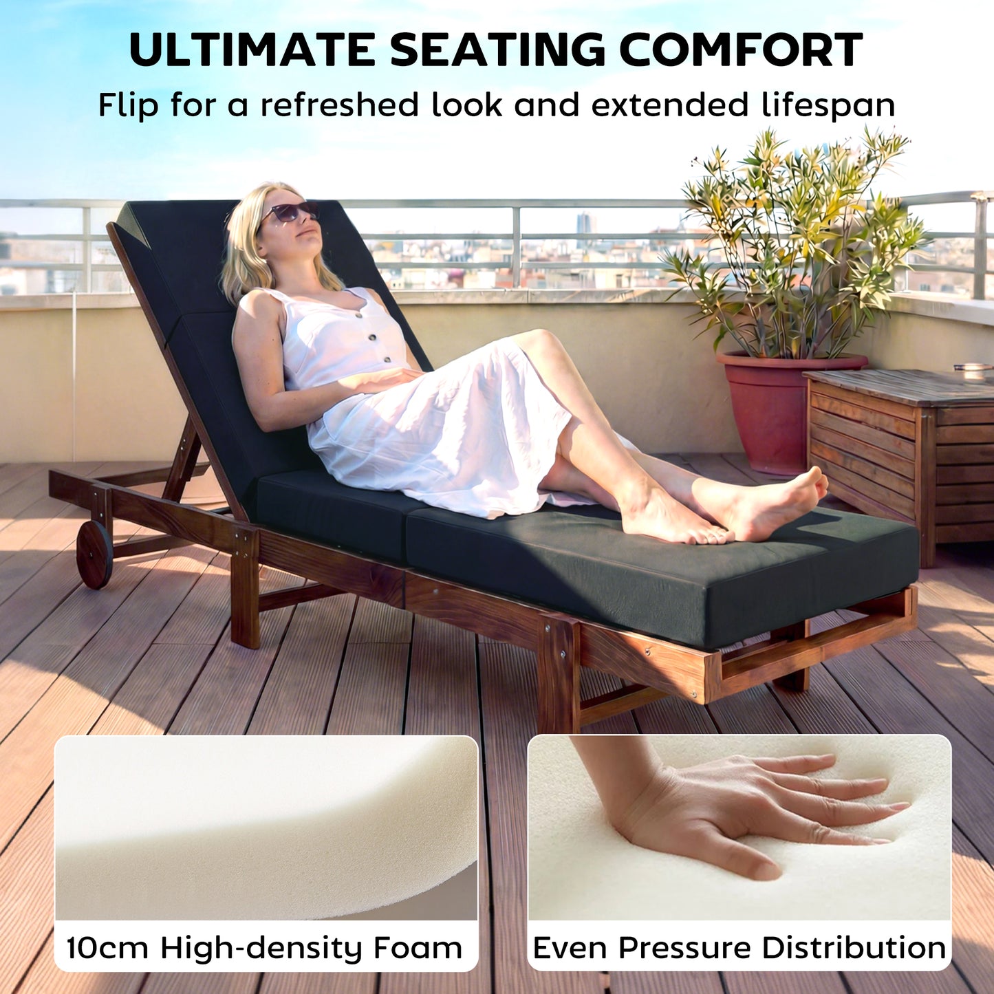 Web Based Set of 2 Chaise Lounge Cushion, 4" Thick Outdoor Lounge Chair Cushions with Ties for Patio, 21" x 72 ", Gray