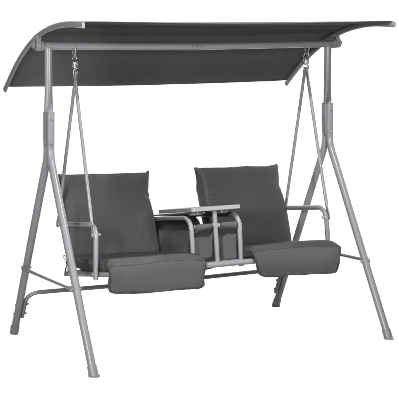Web Based 2-Seater Outdoor Porch Swing With Canopy And Table, Patio Swing Chair For Garden, Poolside, Backyard, Gray