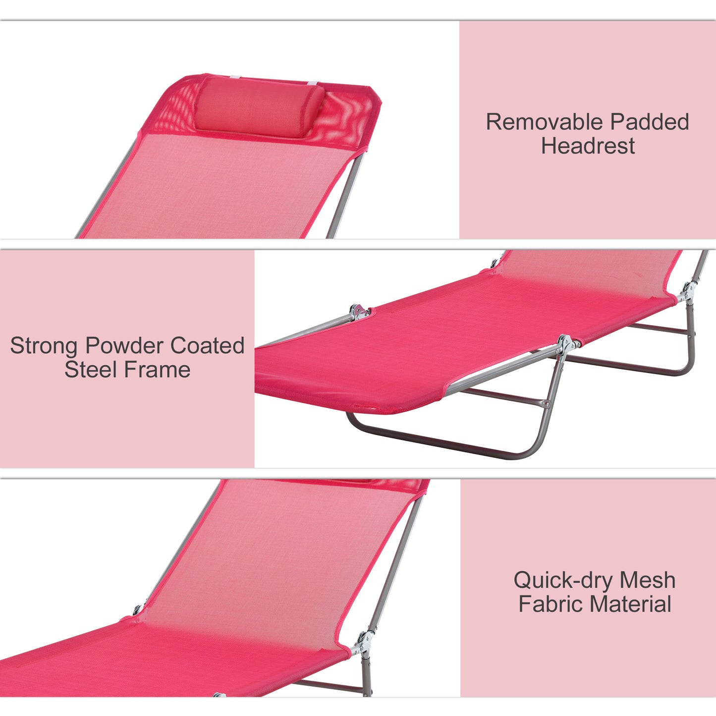 Web Based Folding Chaise Lounge Chair, Pool Sun Tanning Chair, Outdoor Lounge Chair with Reclining Back, Breathable Mesh Seat, Headrest for Beach, Yard, Patio, Pink