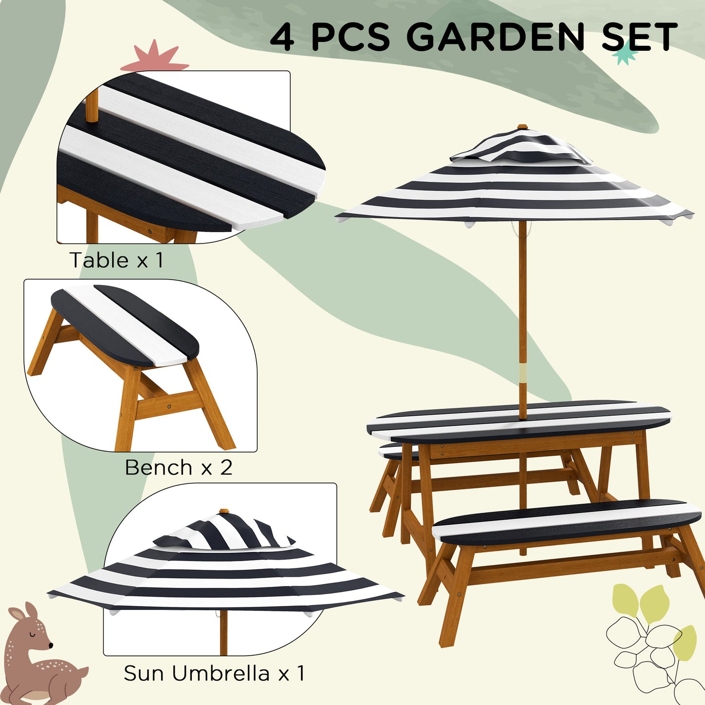 Web Based Kids Table and Chair Set Wooden Kids Outdoor Table Set with Removable Umbrella for 4 Kids Ages 3-8 Years Old