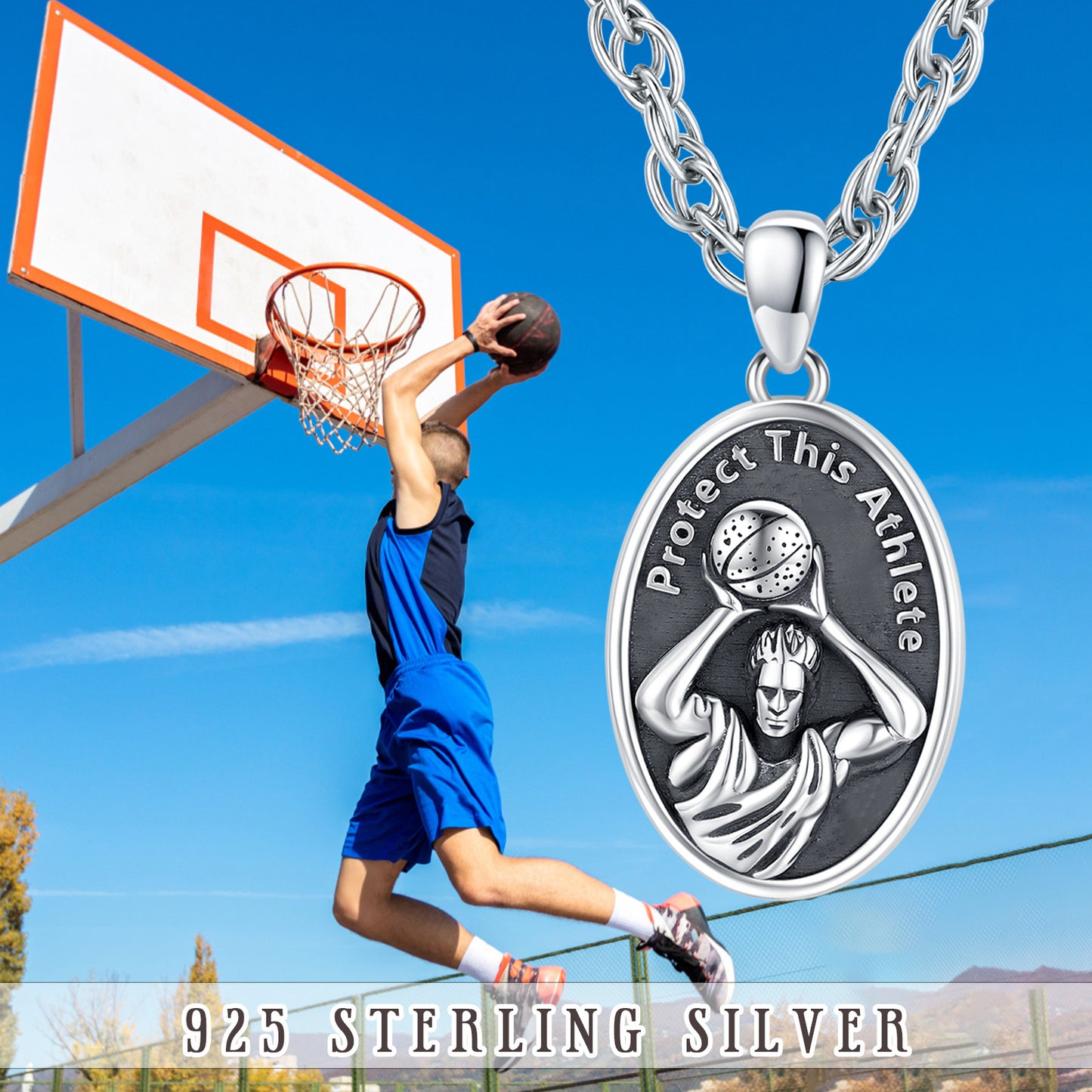 Web Based Basketball Athlete Pendant Necklace in 925 Sterling Silver