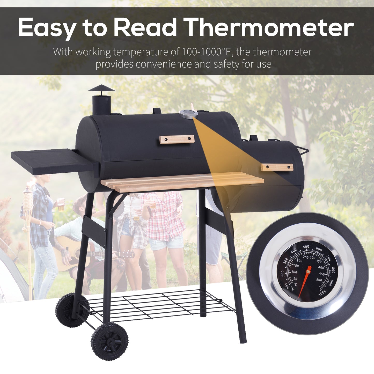 Web Based Charcoal BBQ, Portable Grill with Wheels, All-in-One Grill, Side vent, Two Shelves and Metal Grating, Lit-Mounted Thermometer, Wooden Handle, for Outdoor Cooking, Black