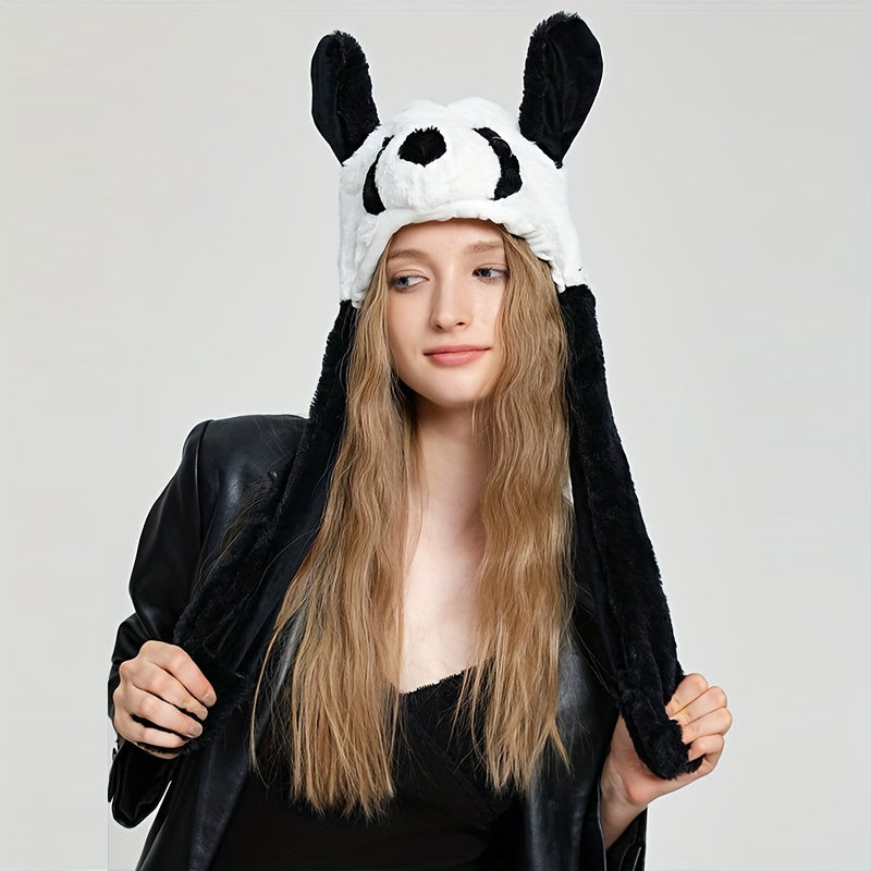 Web Based Cute Animal Moving Ear Hat Cute Panda Dog Frog Puppy Plush Hats Halloween Cosplay Party Earflap Hat For Women