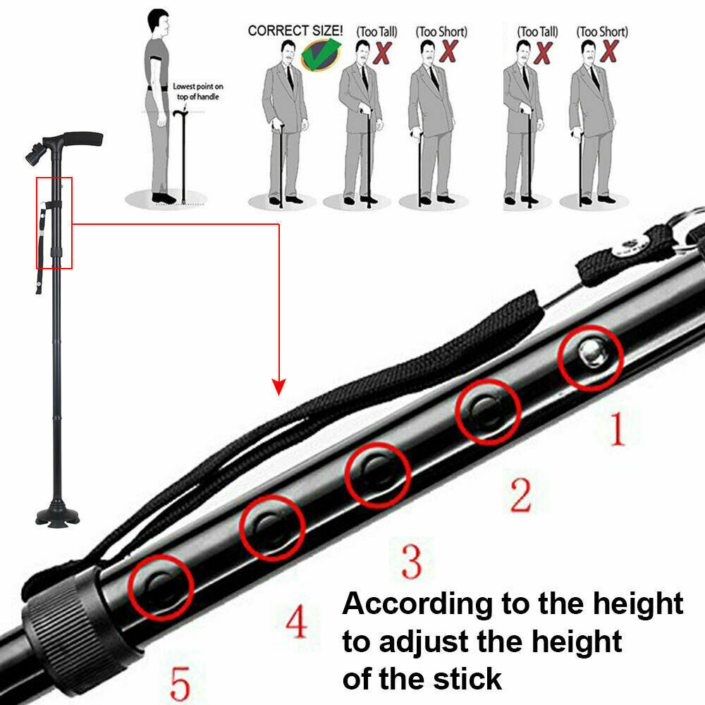 Eeb Based Folding LCD Walking Stick Cane With Flashlight For Senior Aluminium Travel Hiking Cane Trekking Pole Crutch Handle Strap 5 Gears