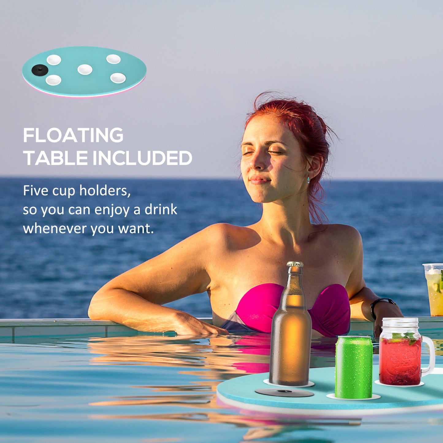 Web Based 12' x 5' Lily Pad Floating Mat with Cup Holder Table, 3-Layer Portable Roll-Up Water Mat Float Dock for 2-3 People, on Lake, River, Beach, Swimming Pool, Pink
