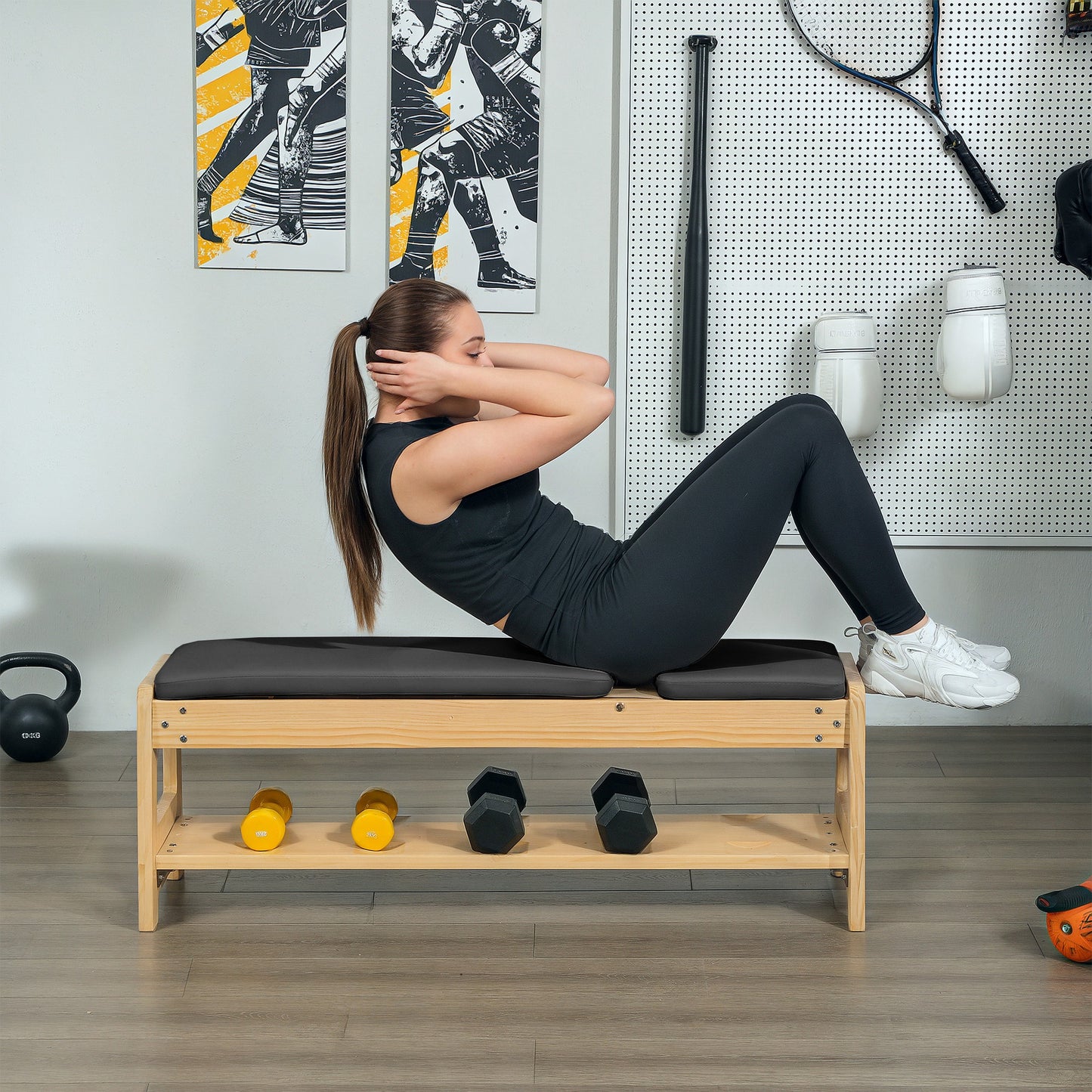 Wab Based Wooden Adjustable Weight Bench with Dumbbell Rack, Flat or Incline Workout Bench for Home Gym Weight Lifting, Black