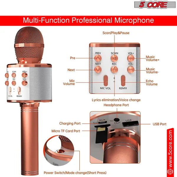 Web Based 5 Core Microphone Wireless Karaoke Mic With Speaker 3 In 1 Portable Bluetooth Microfono Inalambrico