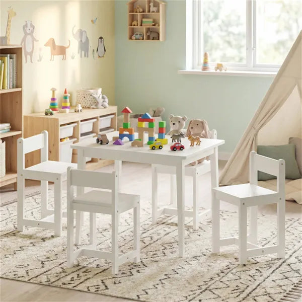 Web Based Kids Wooden Table And Chairs Set (1 Table + 4 Chairs), Rubber Wood Toddler Activity Set (White)