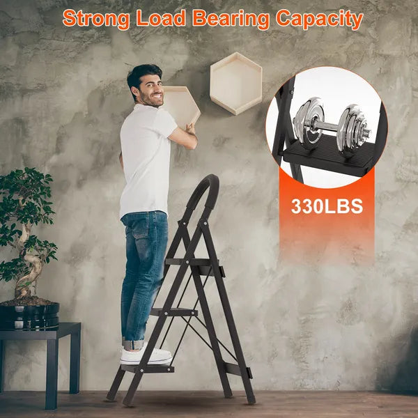 Web Based 3-Step Foldable Ladder With Wide Anti-Slip Pedal Safety Locking Design Soft Handgrip Portable Lightweight Folding Step Stool 330LBS Load Capacity For Household Kitchen Office