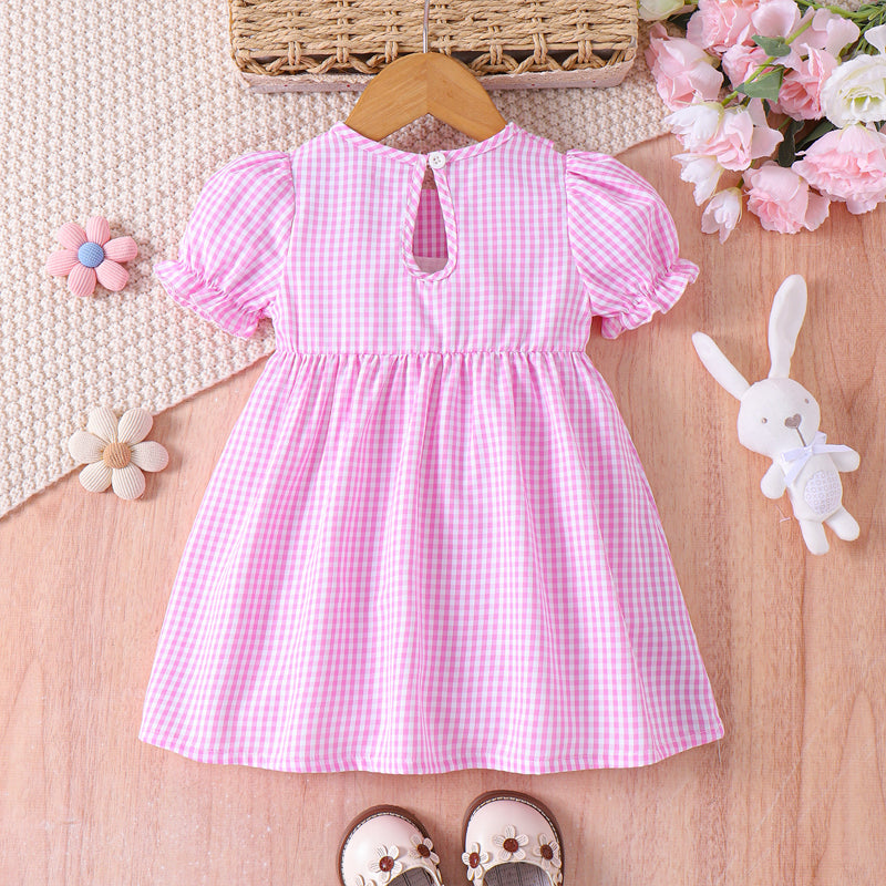 Web Based Toddler Girl's Lapel Bubble Sleeve Dress, Checkered Pattern & Bunny Embroidery A-Line Summer Dress