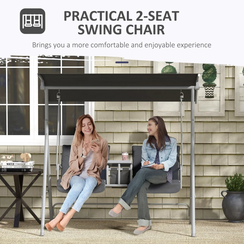 Web Based 2-Seater Outdoor Porch Swing With Canopy And Table, Patio Swing Chair For Garden, Poolside, Backyard, Gray