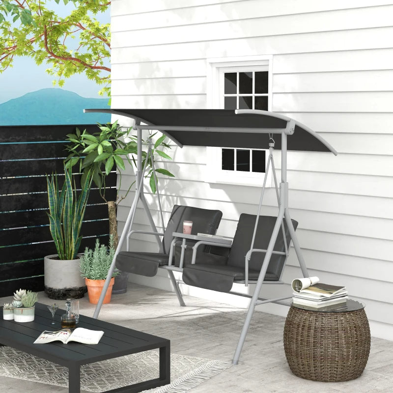 Web Based 2-Seater Outdoor Porch Swing With Canopy And Table, Patio Swing Chair For Garden, Poolside, Backyard, Gray