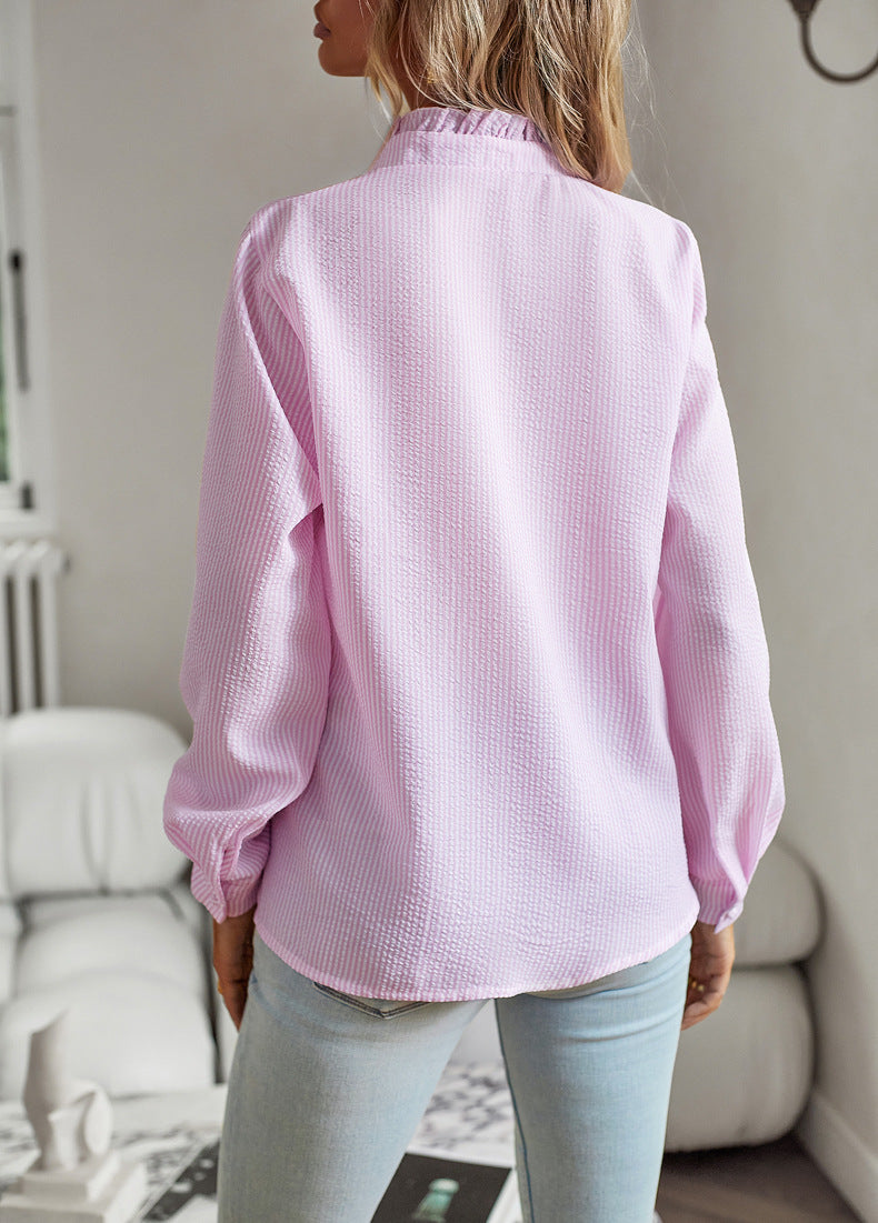 Web Based Striped Long Sleeve Shirt Fashion Ruffle Design Button Up Tops Casual Office Blouse Elegant Commuting Women's Clothing