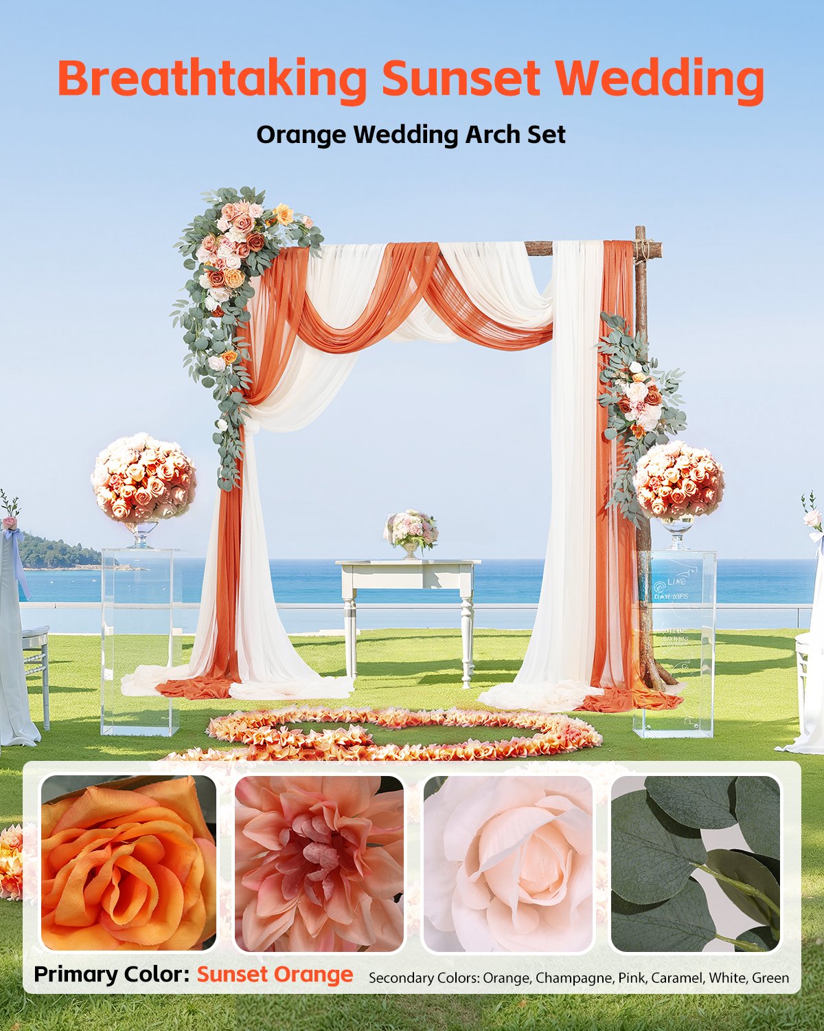 Web Based Artificial Wedding Arch Flowers Kit (Pack Of 5) With 33Ft Wedding Arch Draping Fabric,Arch Flowers For Wedding Ceremony And Reception Backdrop Wedding Decoration (Orange)