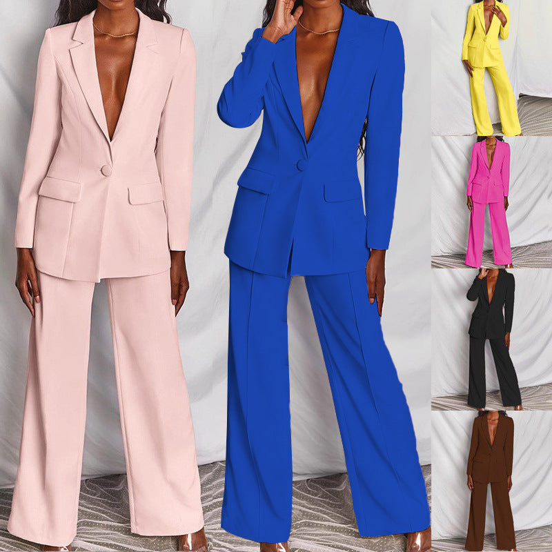 Web Based 2pcs Casual Suit Lapel Button-down Blazer Jacket And Straight-leg Pants Office Commuting Business Trousers Set Clothing