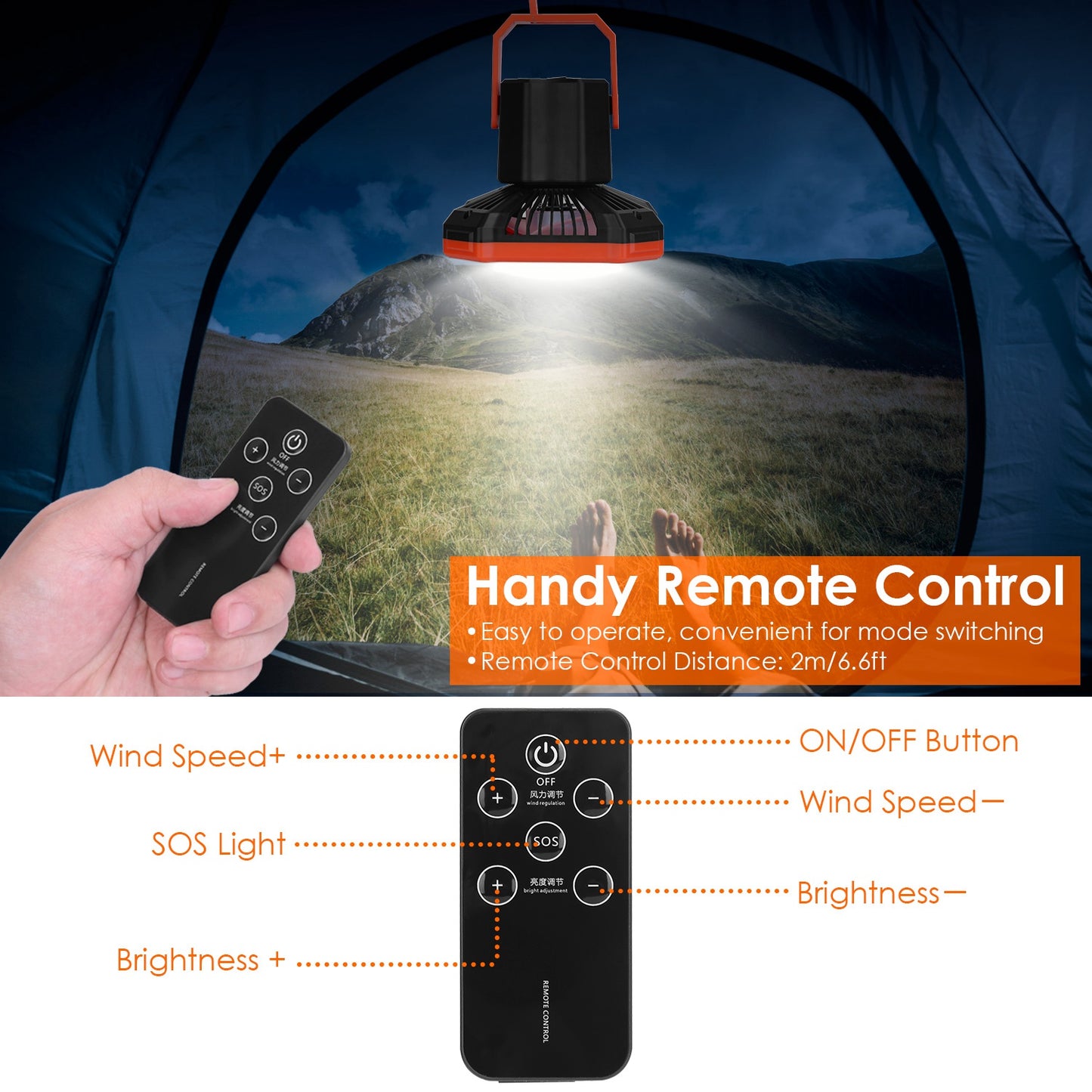 W eb Based Portable Camping Lantern Fan Battery Powered Hanging Fan USB Rechargeable Tent Fan With 4 Light Modes 3 Wind Modes Emergency Power Bank Remote Control Hanging Hook