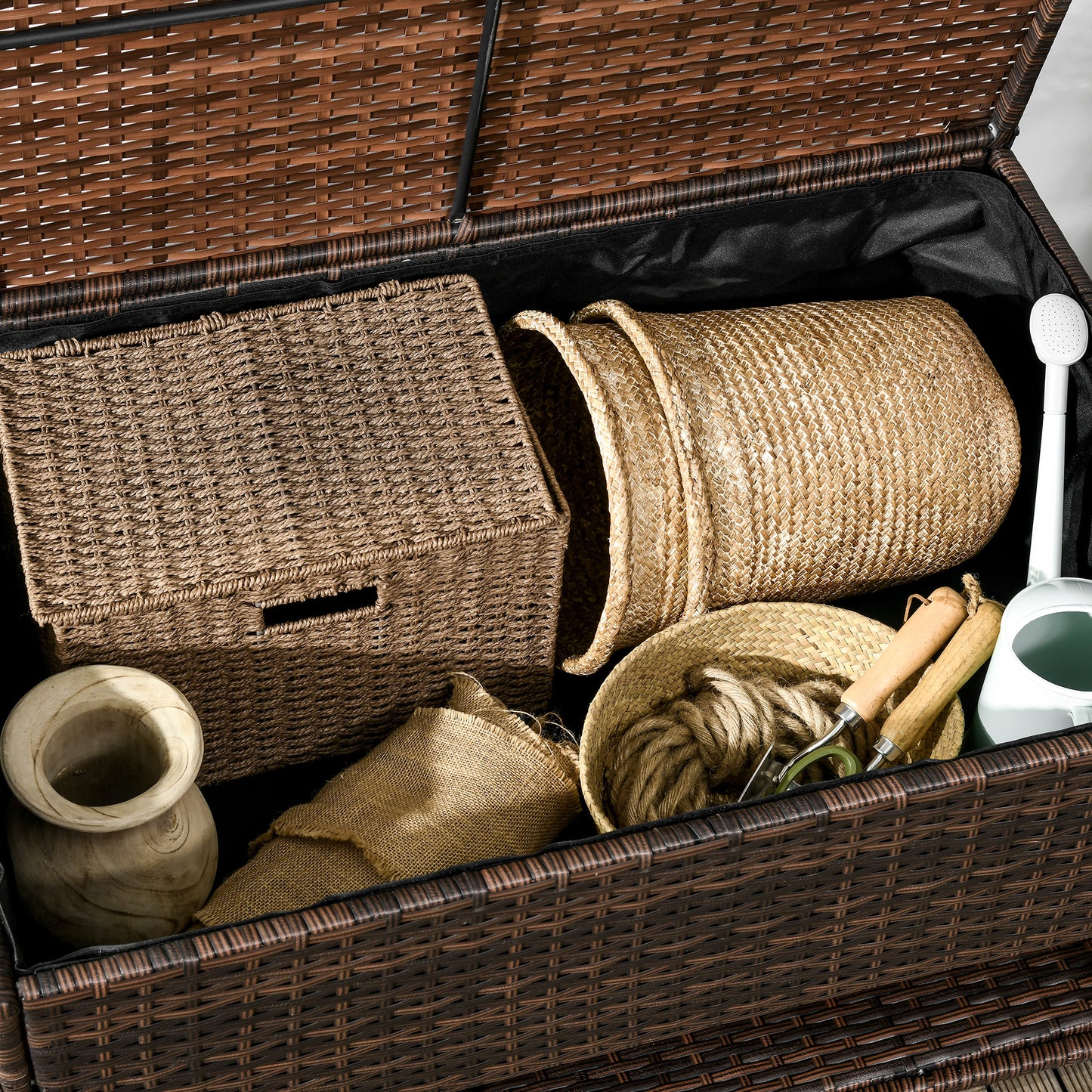 Web Based Outdoor Deck Box & Shoe Storage, PE Rattan Wicker Towel Rack with Liner for Indoor, Outdoor, Patio Furniture Cushions, Pool, Garden Tools, Brown