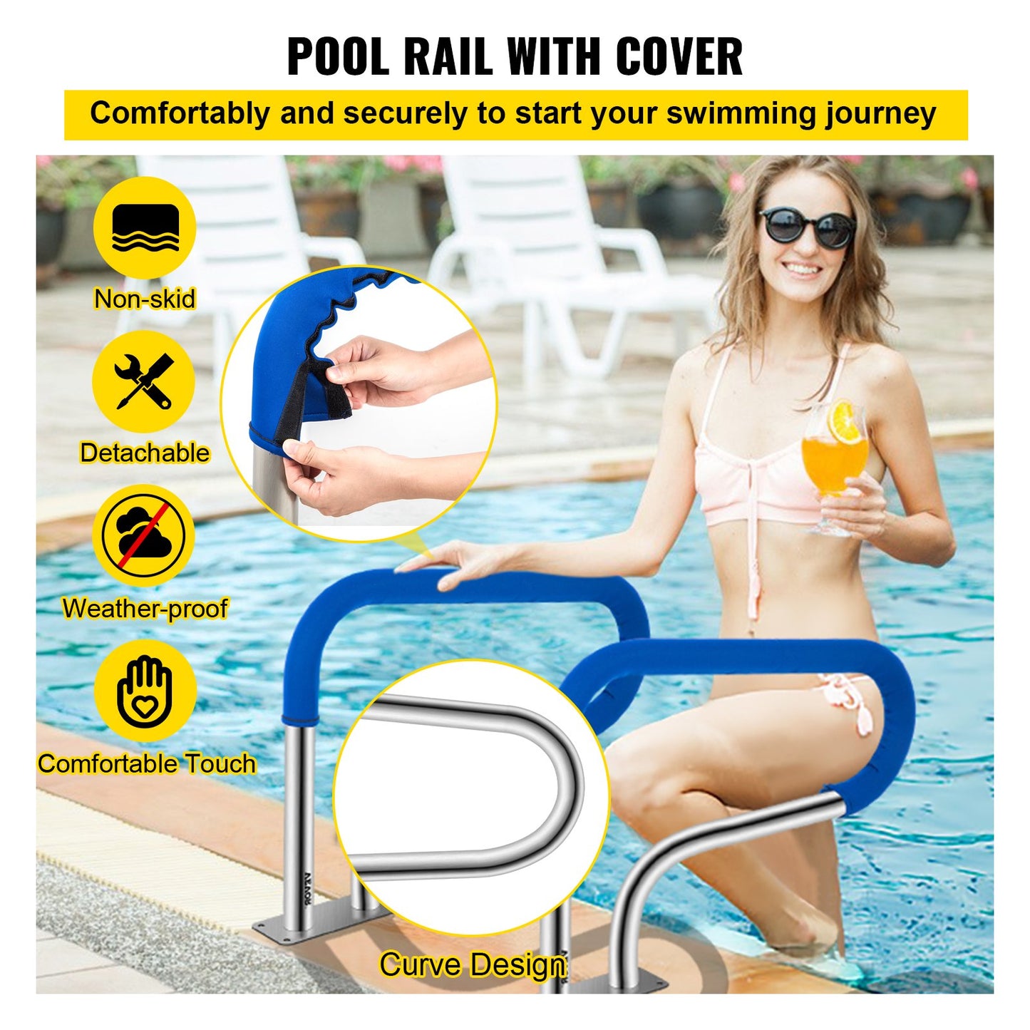 Web Based Pool Handrail, 32 X 22.5 Swimming Pool Stair Rail, 304 Stainless Steel Stair Pool Hand Rail Rated 375lbs Load Capacity, Pool Rail With Quick Mount Base Plate, And Complete Mounting Accessories