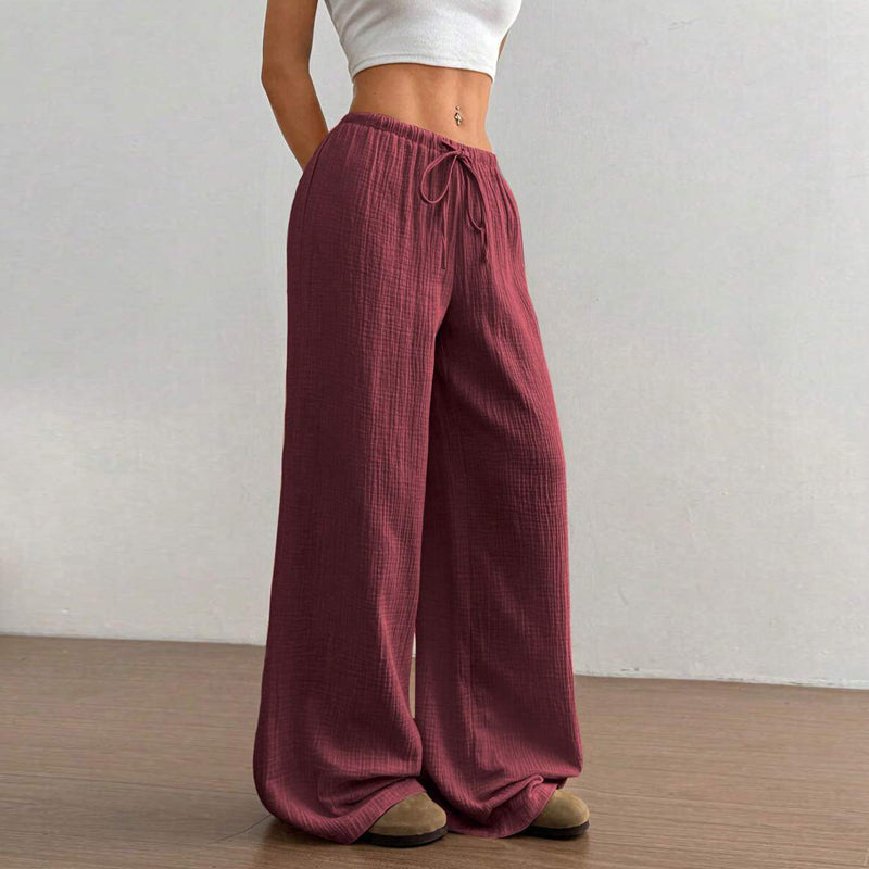 Web Based Plus Size Women's Solid Color High-Waisted Wide Leg Pants Drawstring Waist Casual Trousers For Spring And Autumn