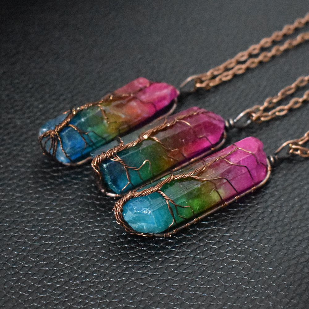 Web Based  Stone Crystal Pillar Tree Of Life Pendant Ins Fashion Necklace