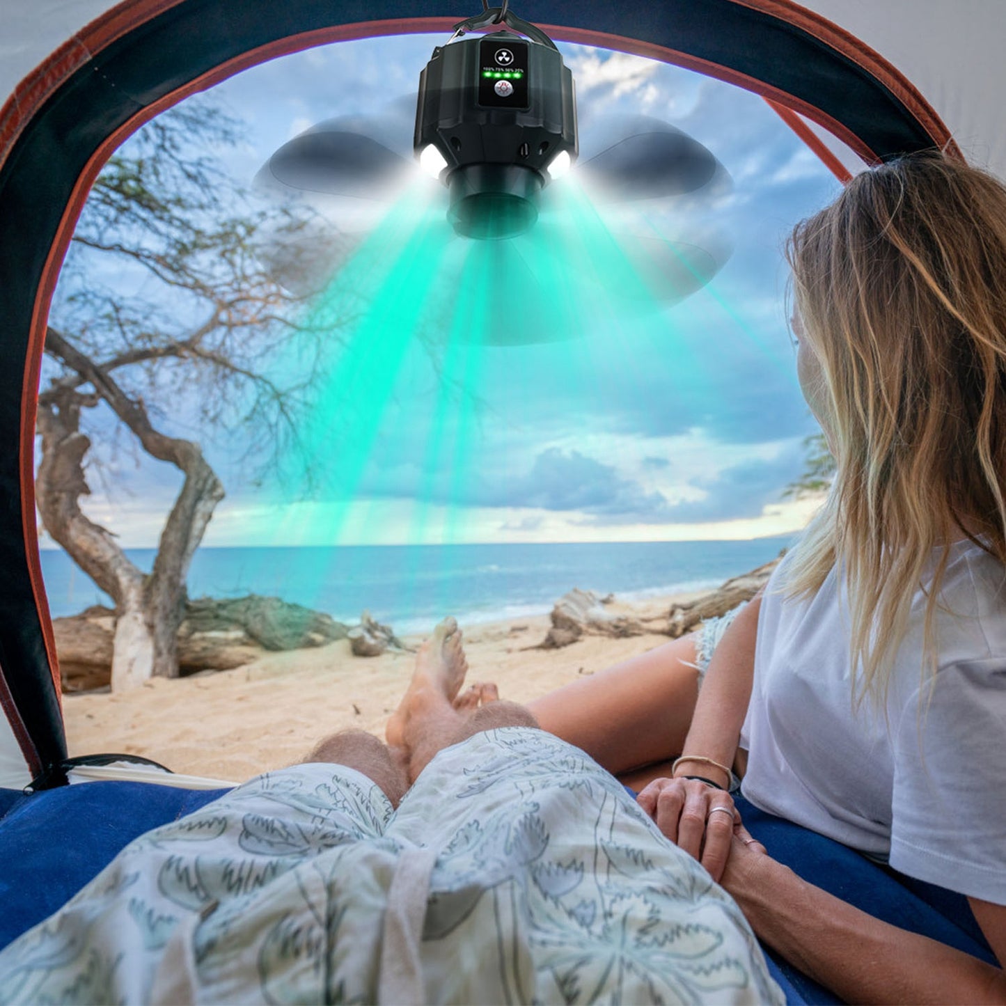 Web Based Portable Camping Ceiling LED Fan  USB Battery Powered Hanging Tent Lantern Fan Power Bank With 3 Fan Speed 3 Light Brightness Smart Timer Remote Control