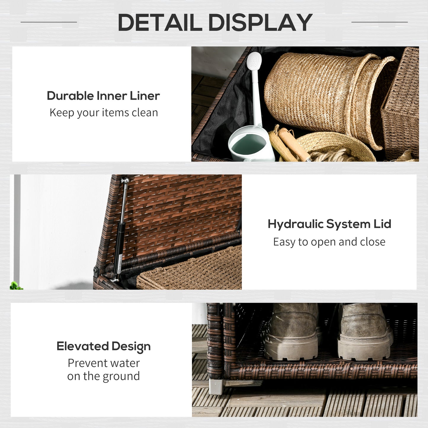 Web Based Outdoor Deck Box & Shoe Storage, PE Rattan Wicker Towel Rack with Liner for Indoor, Outdoor, Patio Furniture Cushions, Pool, Garden Tools, Brown