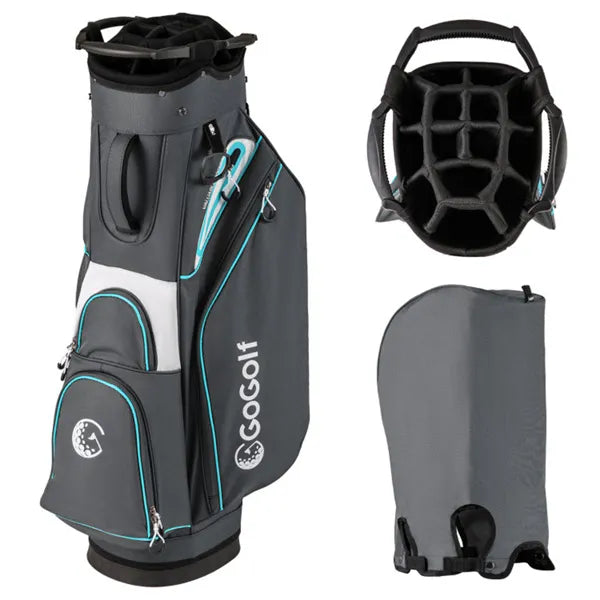Web Based 14-Way Golf Cart Bag - 6 Zippered Pockets+Cooler Pocket, Waterproof Zippers, Gray+Blue