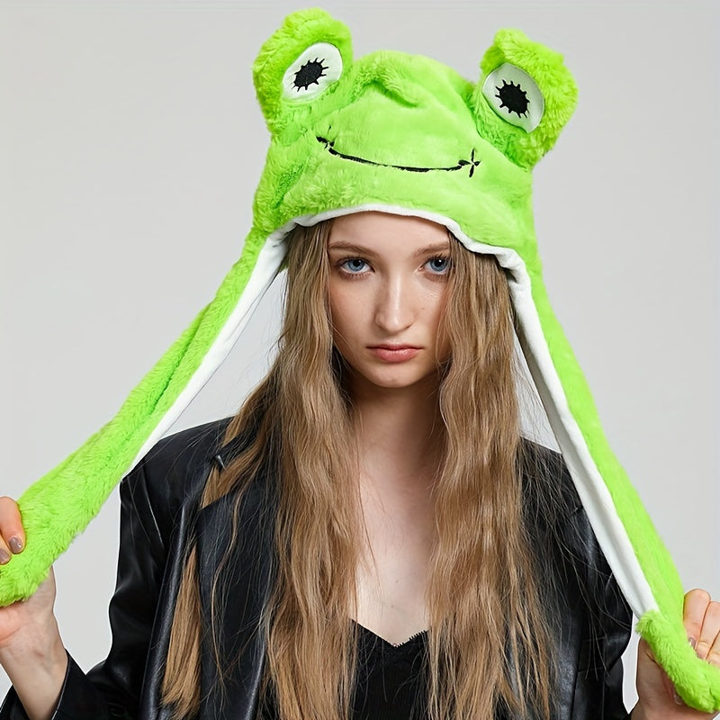 Web Based Cute Animal Moving Ear Hat Cute Panda Dog Frog Puppy Plush Hats Halloween Cosplay Party Earflap Hat For Women