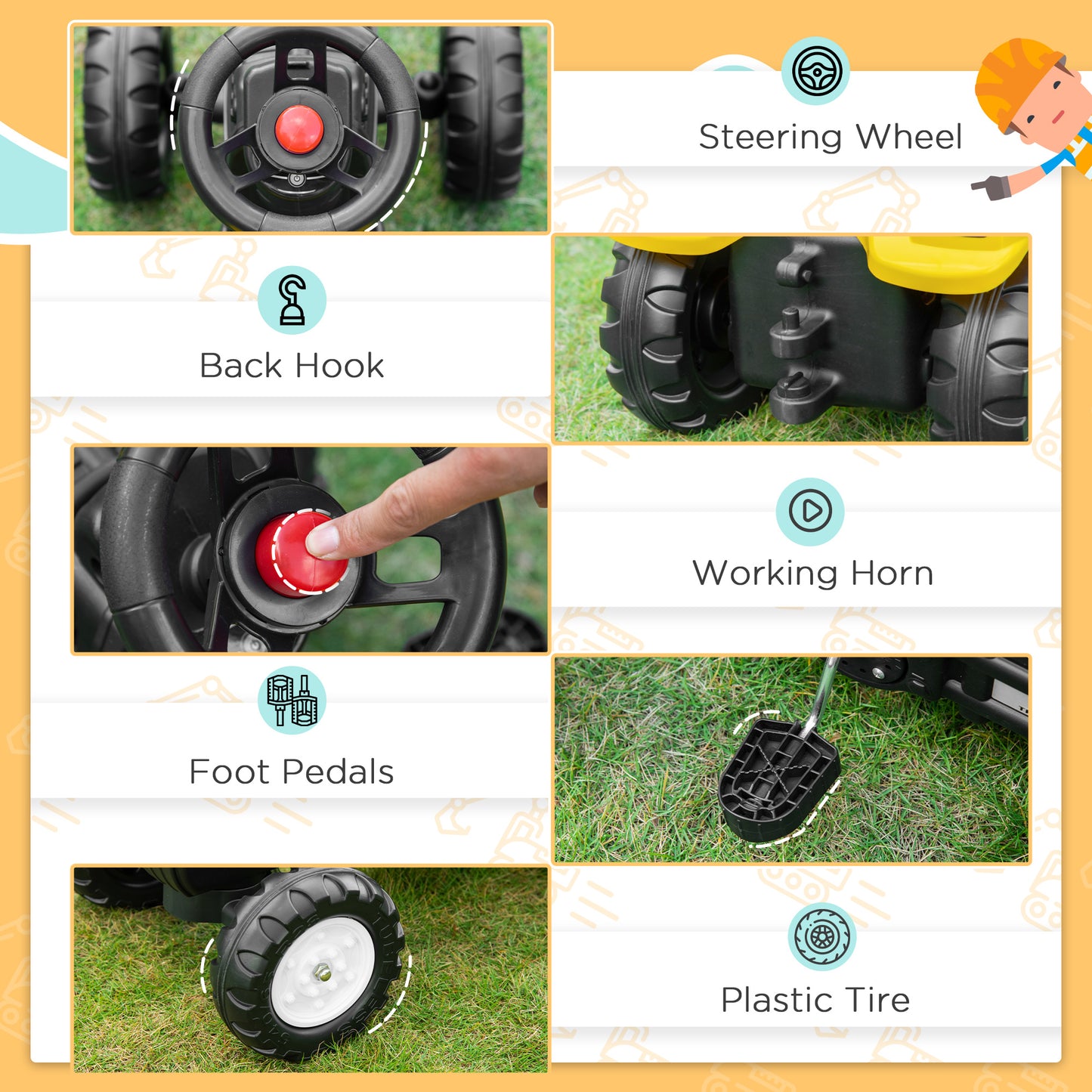 Web Based Kids Ride On Excavator, Pedal Digger, Construction Truck with Horn for Kids and Toddlers 3+, Yellow