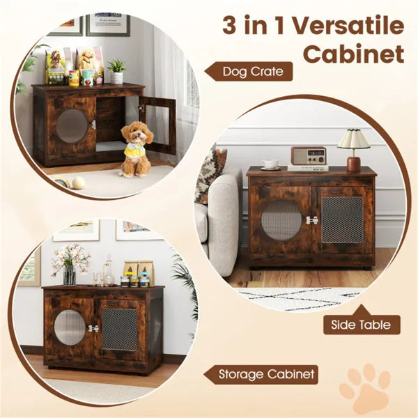 Web Based 2-in-1 Dog Crate End Table - Rustic Brown, 88lbs Capacity, Farmhouse Style, 32.5"x18.5"x23.5"