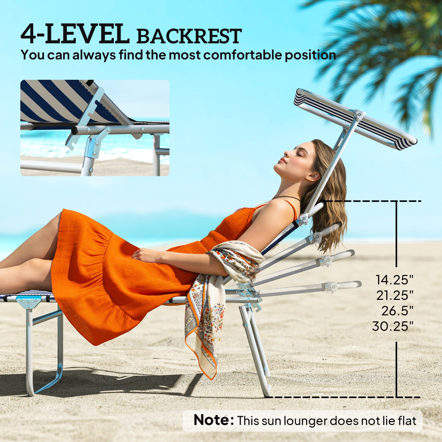 Web Based Outdoor Pool Chaise Lounge Chair, Folding Tanning Chair with Sun Shade, Blue and White