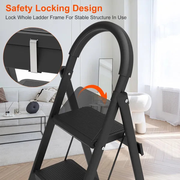 Web Based 3-Step Foldable Ladder With Wide Anti-Slip Pedal Safety Locking Design Soft Handgrip Portable Lightweight Folding Step Stool 330LBS Load Capacity For Household Kitchen Office