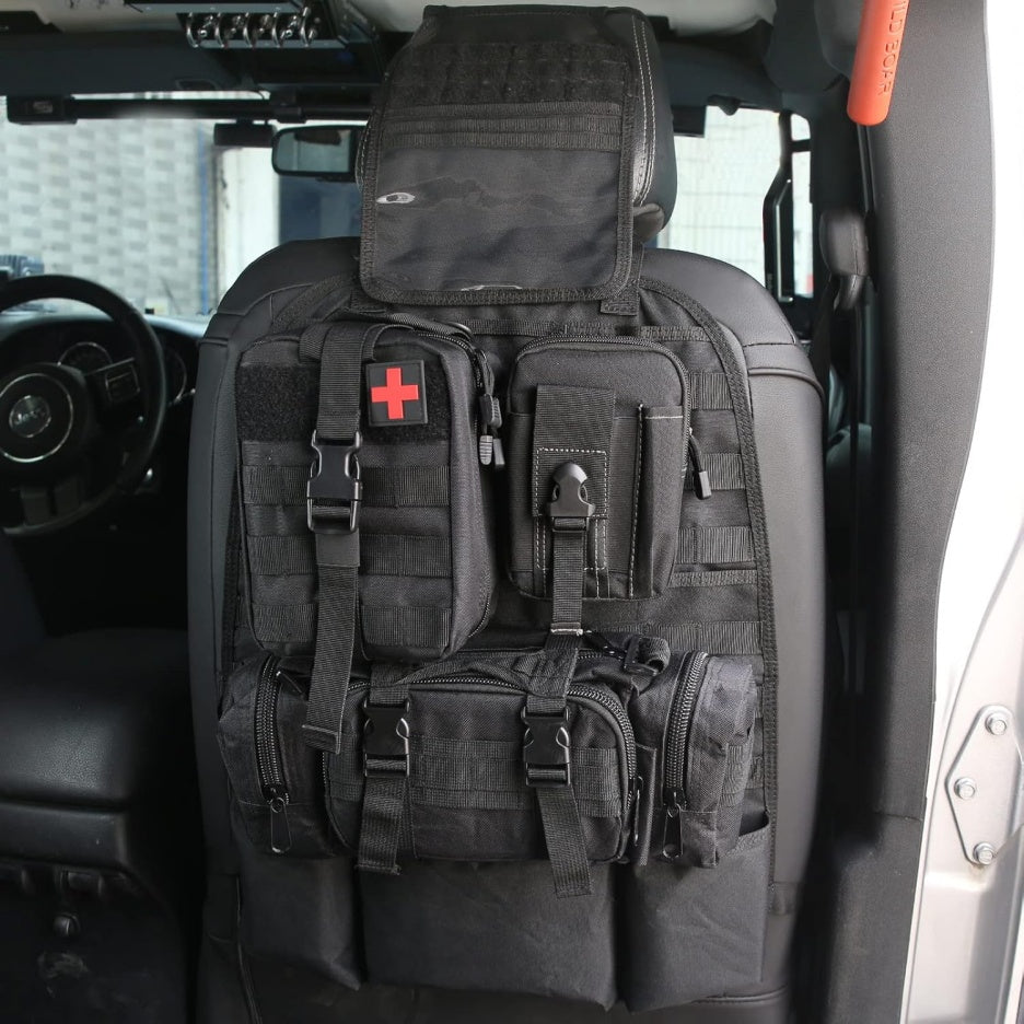 Web Based Universal Tactical Vehicle Back Seat Organizer With 3 Detachable Pouches