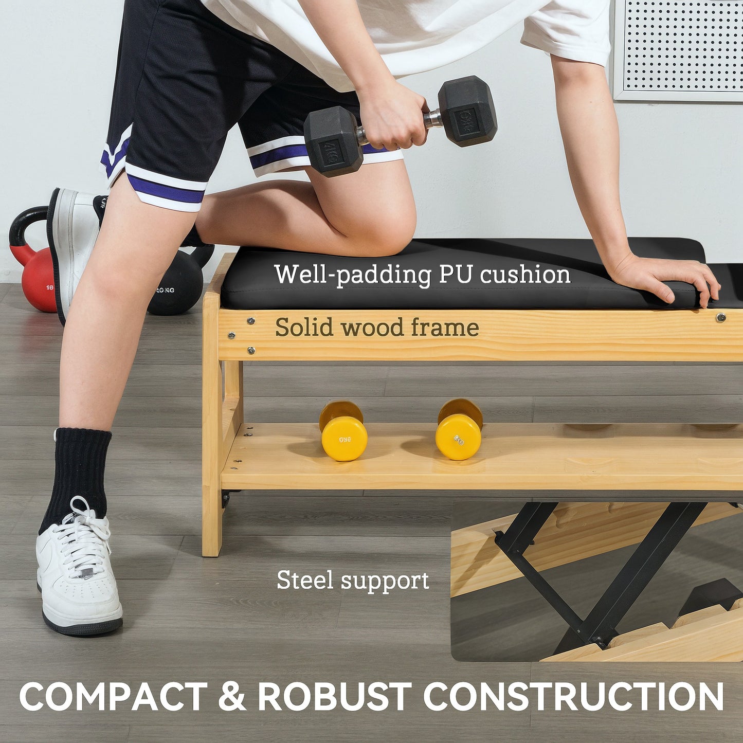 Wab Based Wooden Adjustable Weight Bench with Dumbbell Rack, Flat or Incline Workout Bench for Home Gym Weight Lifting, Black