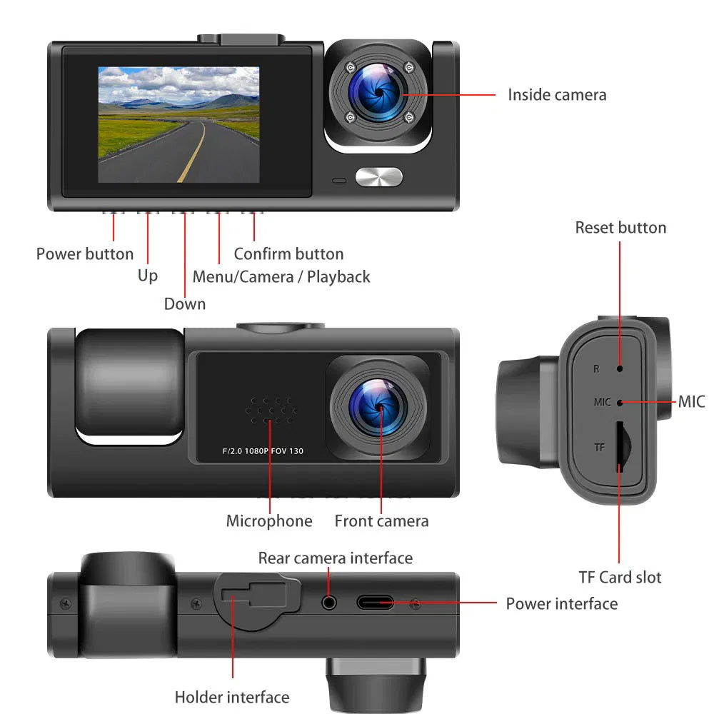 Web Based Car Dual Lens Dash Cam HD 1080P Front Rear Inside Video Recorder Camera G-Sensor