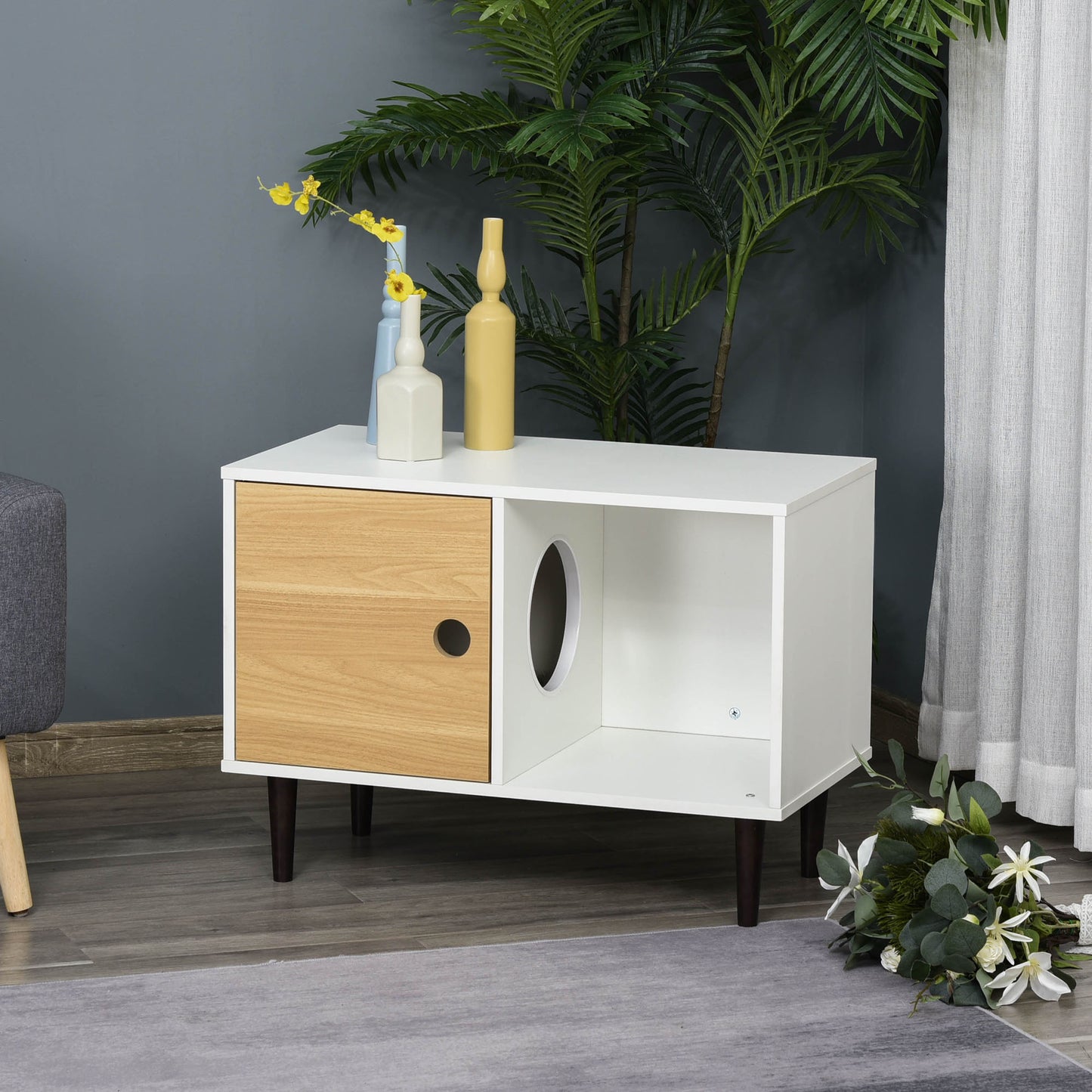 Web Based Wooden Cat House with Soft Cushion, Decorative Kitten Condo Side Table, Elevated Pet House with Storage Space