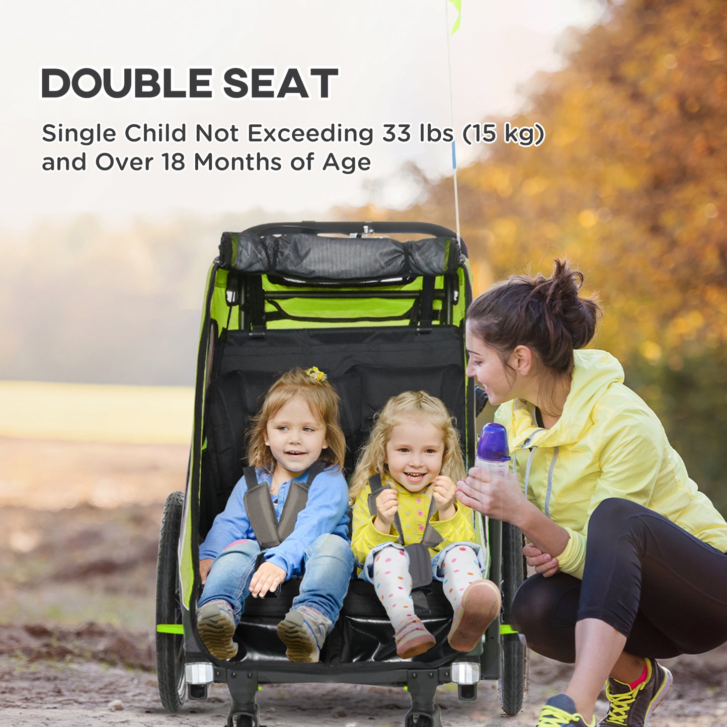 Web Based Bike Trailer for Kids 3 In1 Foldable Child Jogger Stroller Baby Stroller Transport Carrier with Shock Absorber System Rubber Tires Adjustable Handlebar Kid Bicycle Trailer Green and Gray
