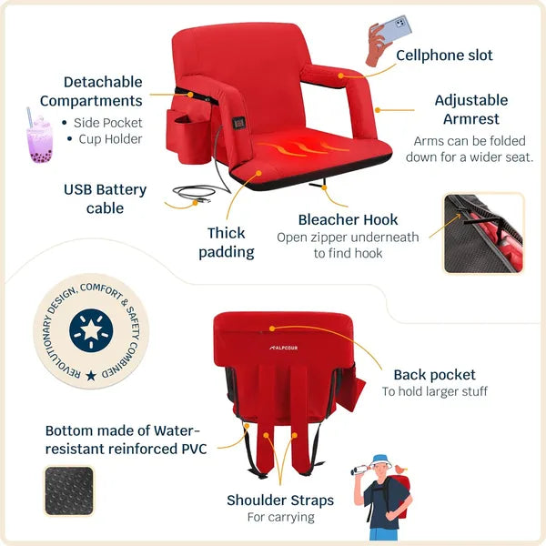 Web Based Alpcour Heated Reclining Stadium Seat For Bleachers With Back Support