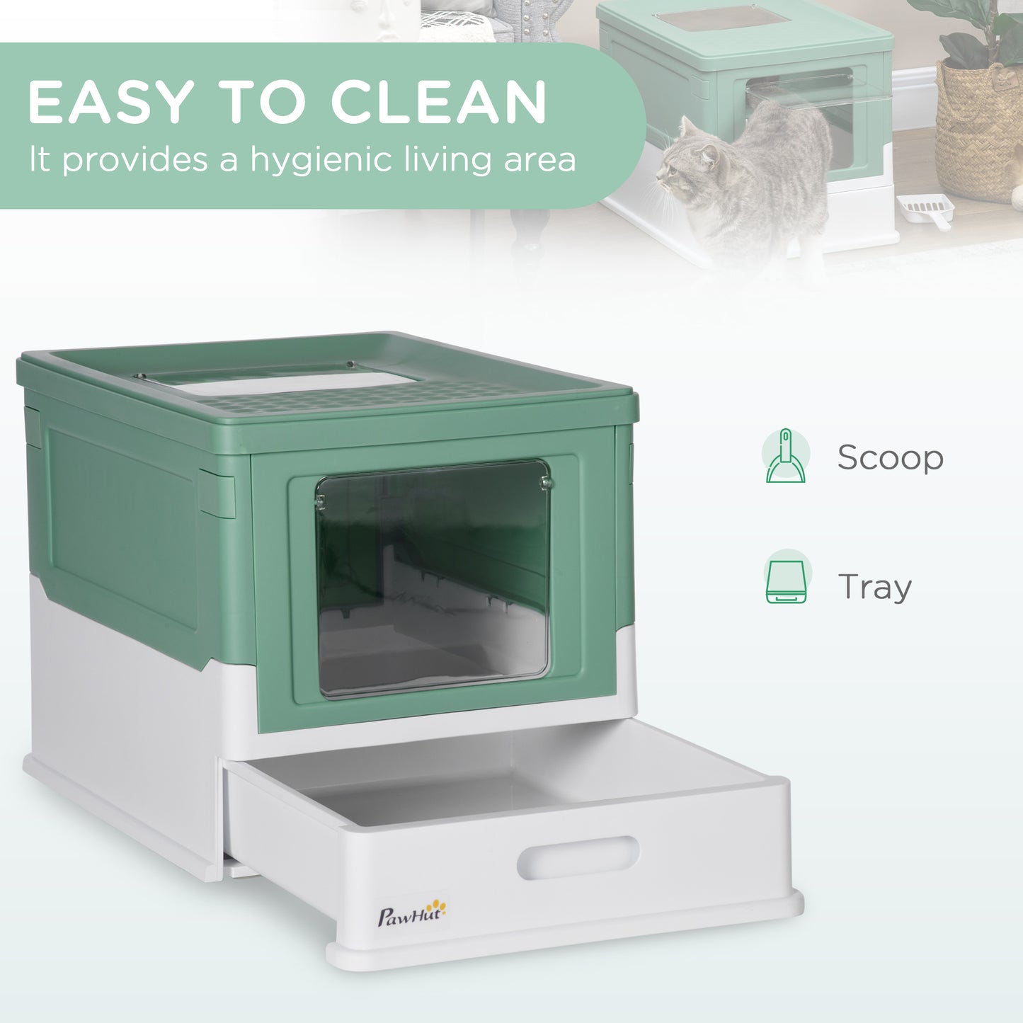 Web Based Fully Enclosed Cat Litter Box with Front Entry and Top Exit, Plastic, Green & White