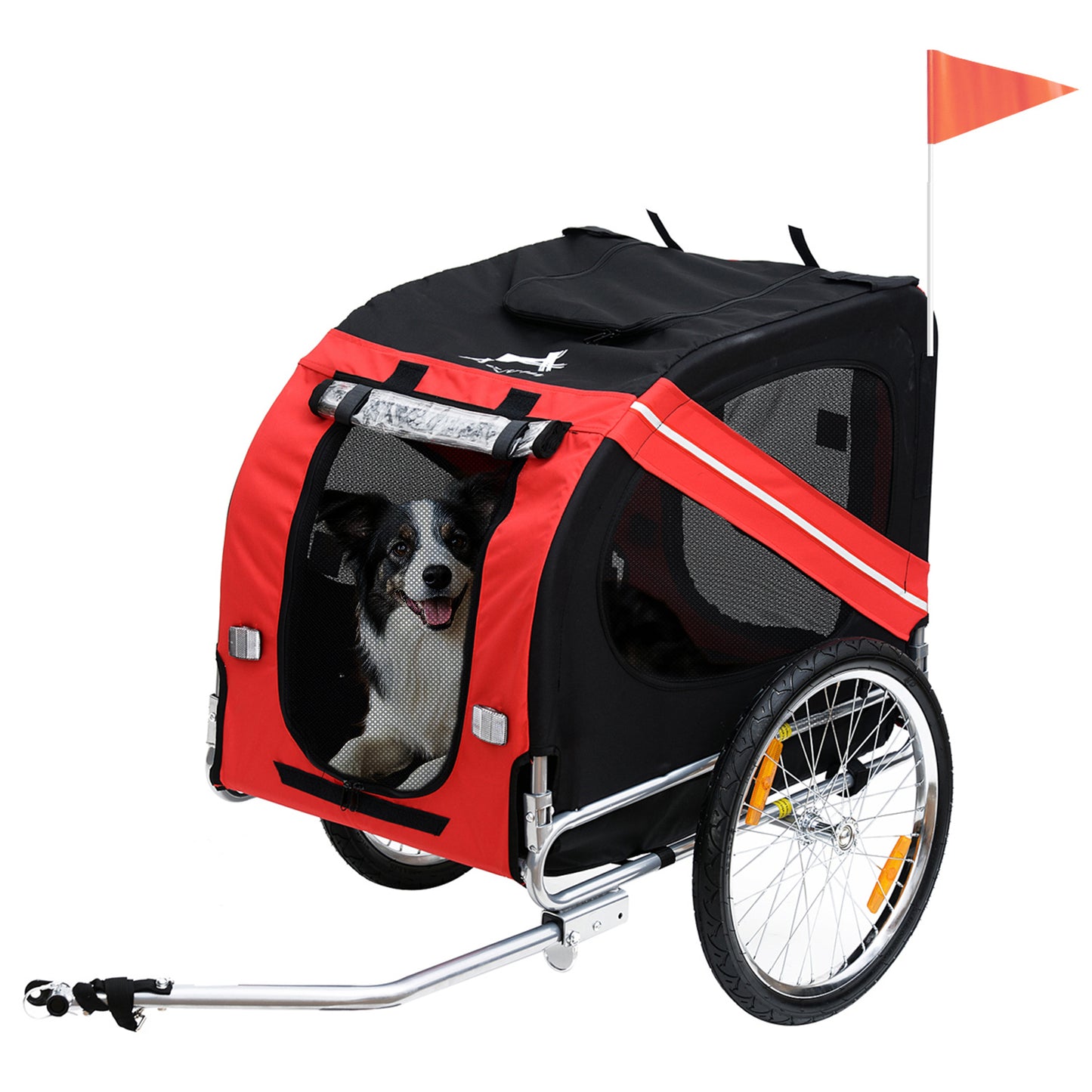 Web Based Dog Bike Trailer With Easy Folding Cart Frame, Large Wheels, 3 Entrances, Mesh Screen, For Dogs Within 44 Lbs, Red & Black